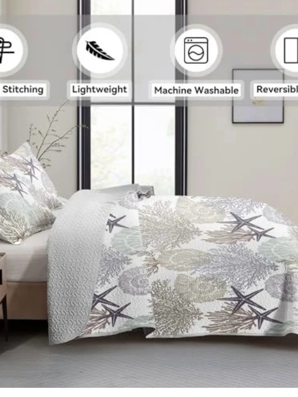 Coastal Starfish & Coral Quilt Set in Soft Blue and Gray
